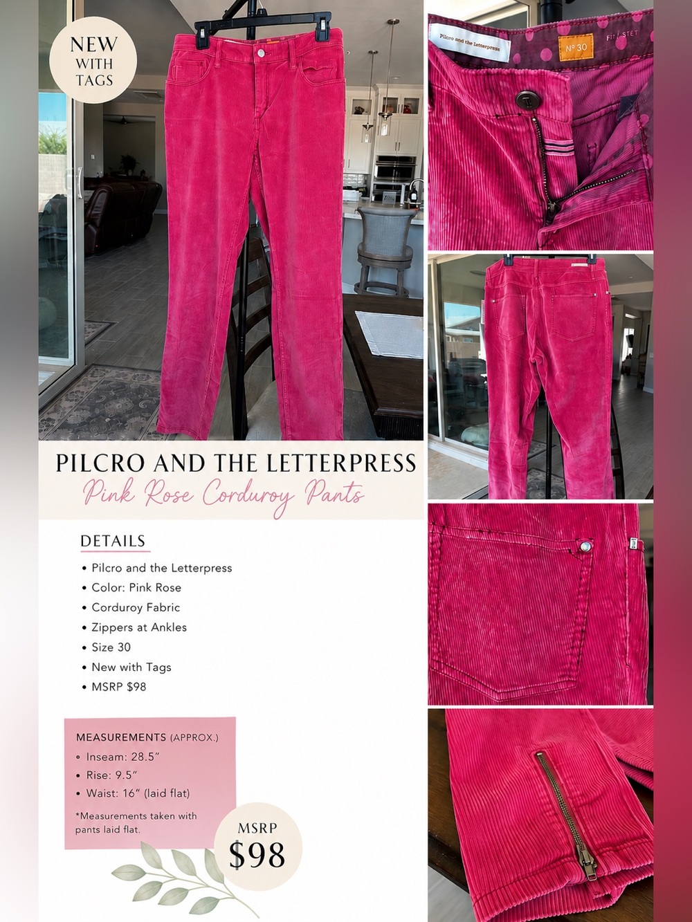Pilcro and the Letterpress Pink Rose Corduroy Tapered Pants, Size 30 NWT MSRP$98